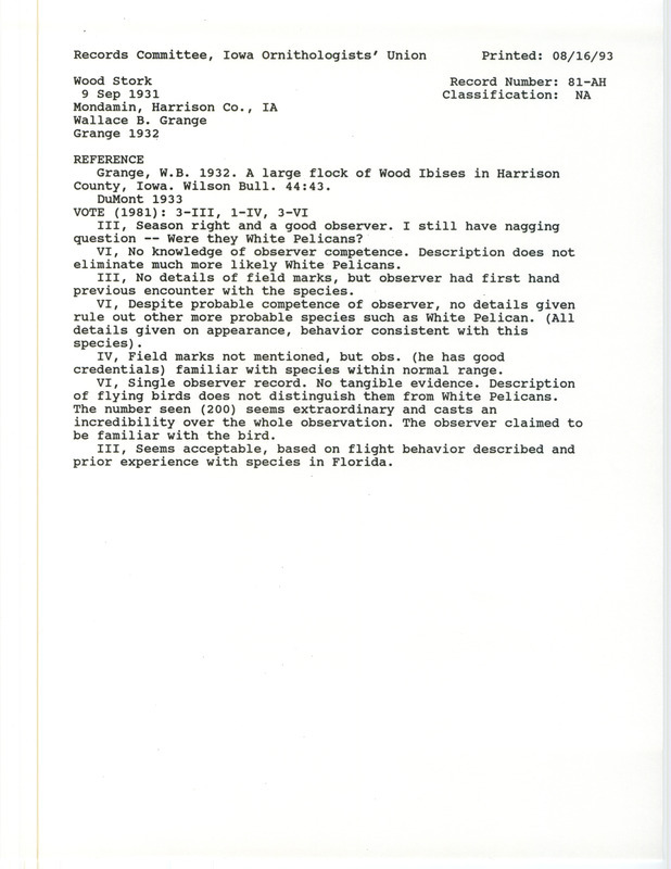 Records Committee review for over two hundred Wood Storks at Mondamin in Harrison County, IA on September 9, 1931. Includes a record review document with votes, the original sighting record found in the publication A large flock of Wood Ibises in Harrison County Iowa. Wilson Bull 44:43 by W.B. Grange, and referenced by another publication.