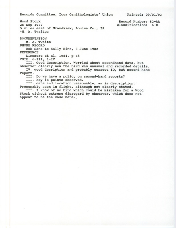 Records Committee review for a Wood Stork at Grandview in Louisa County, IA on September 25, 1977. Includes a record review document with votes, the original sighting record found in the notes of Marc Twaits, and referenced in a phone conversation between Bob Sanz to Sally Hinz.