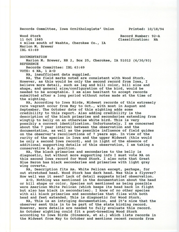 Records Committee review of a Wood Stork near Washta in Cherokee County, IA on October 11, 1985. Includes a record review document with votes and a documentation form submitted to the committee.