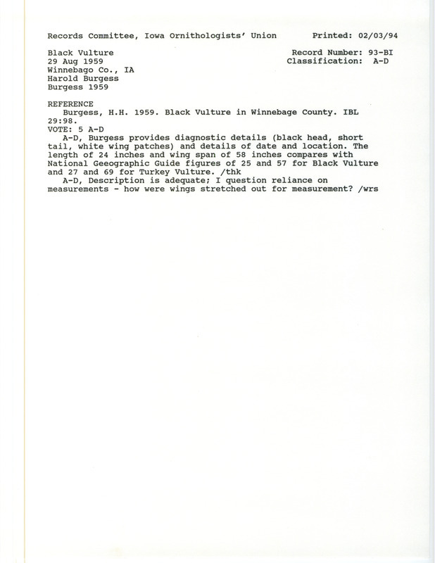 Records Committee review for a Black Vulture at Winnebago County, IA on August 29, 1959. Includes a record review document with votes and the original sighting record found in the publication Black Vulture in Winnebago County in Iowa Bird Life 29:98 by Harold H. Burgess.