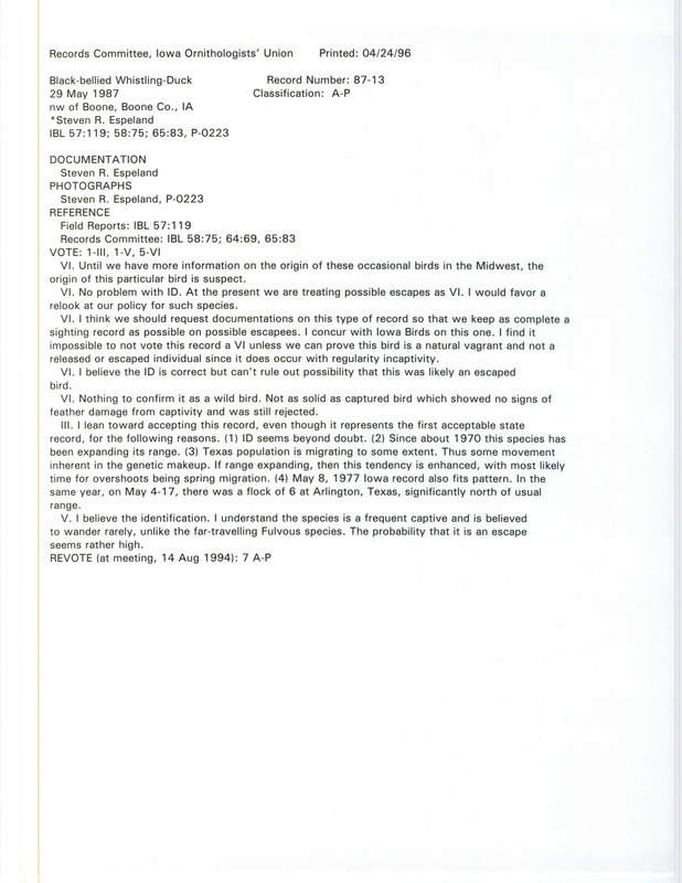 Records Committee review of a Black-bellied Whistling-Duck near Boone in Boone County, IA on May 29, 1987. Includes a record review document with votes, a map of the sighting, and a documentation form submitted to the committee.