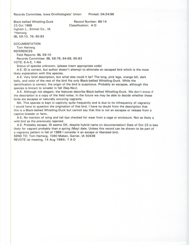 Records Committee review of a Black-bellied Whistling-Duck at Ingham Lake in Emmet County on October 23, 1988. Includes a record review document with votes and a documentation form submitted to the committee.