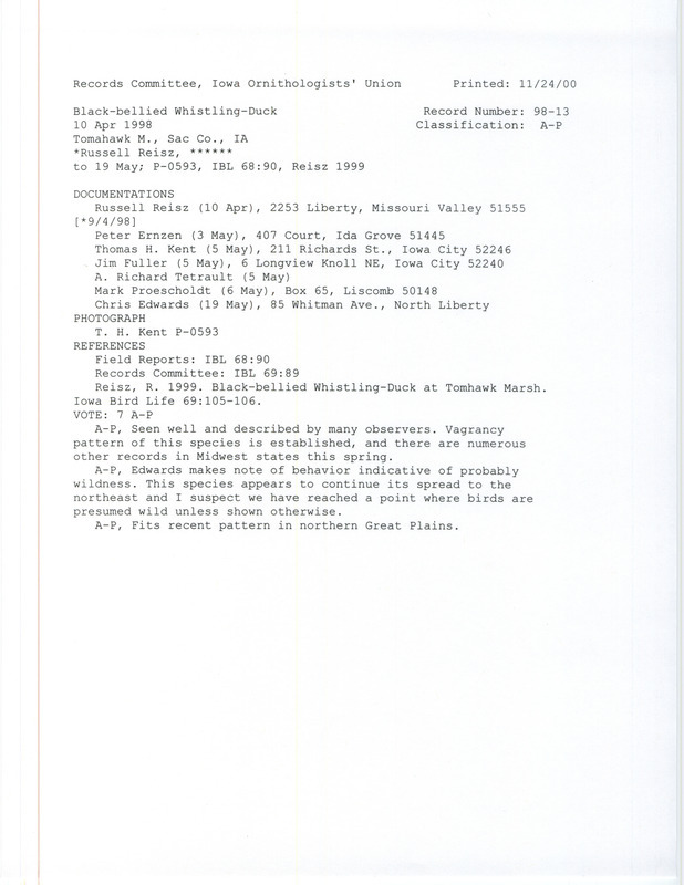 Records Committee review of a Black-bellied Whistling-Duck at Tomahawk March in Sac County on April 10, 1998. Includes a record review document with votes, a photograph, an article in Iowa Bird Life, a map of one of the sightings, and seven documentation forms submitted to the committee.