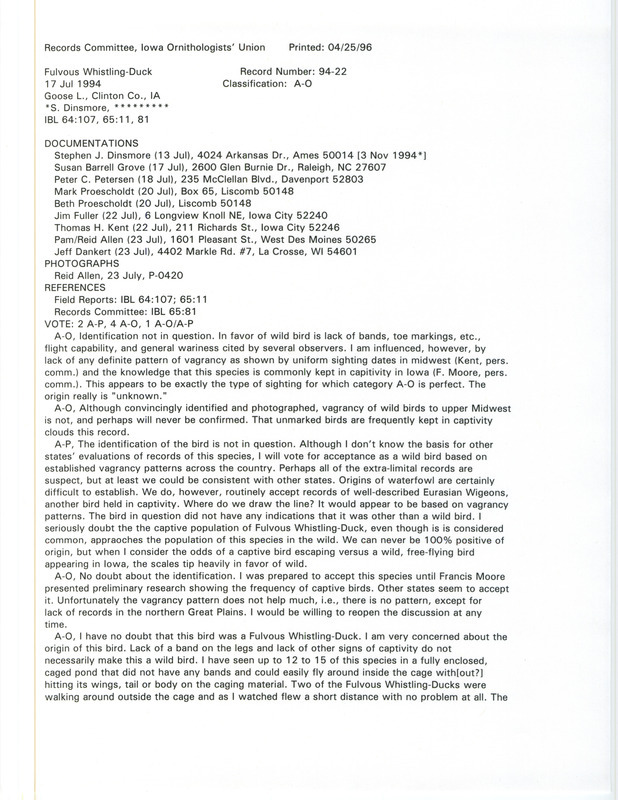 Records Committee review for a Fulvous Whistling-Duck at Goose Lake in Clinton County, IA on July 17, 1994. Includes a record review document with votes, two photos and ten documentation forms submitted to the committee.