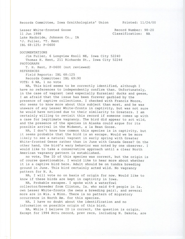 Records Committee review of a Lesser White-fronted Goose at Lake Macbride in Johnson County, IA on June 11, 1998. Includes a record review document with votes, a color photograph, and two documentation forms submitted to the committee.