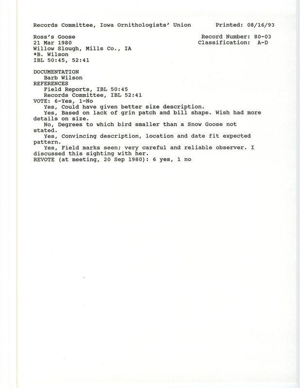 Records Committee review for a Ross' Goose at Willow Slough in Mills County, IA on March 21, 1980. Includes a record review document with votes and a documentation form submitted to the committee.