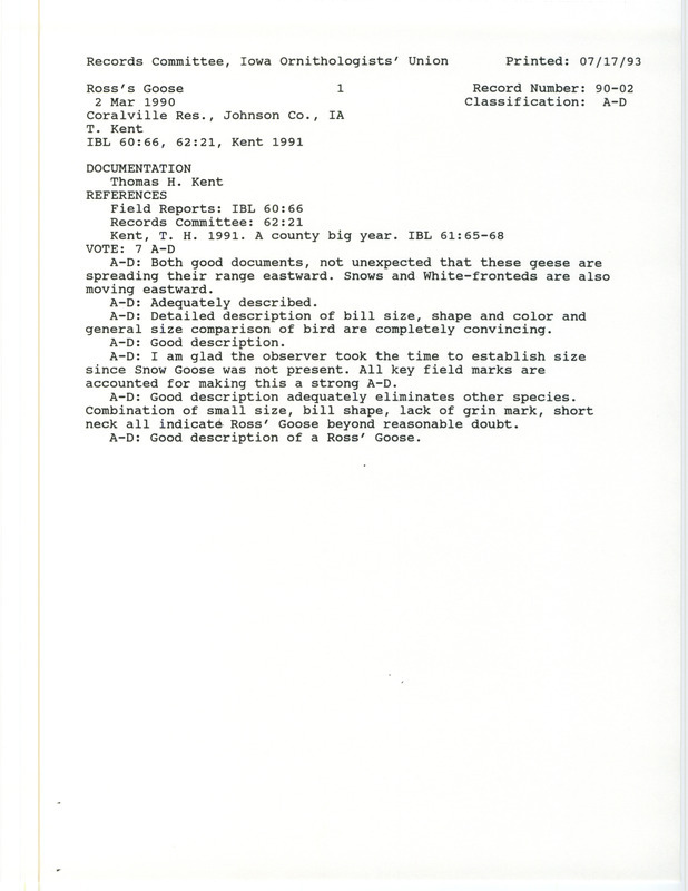 Records Committee review of a Ross' Goose at Coralville Reservoir in Johnson County, IA on March 2, 1990. Includes a record review document with votes, an Iowa Bird Life article, and a documentation form submitted to the committee.