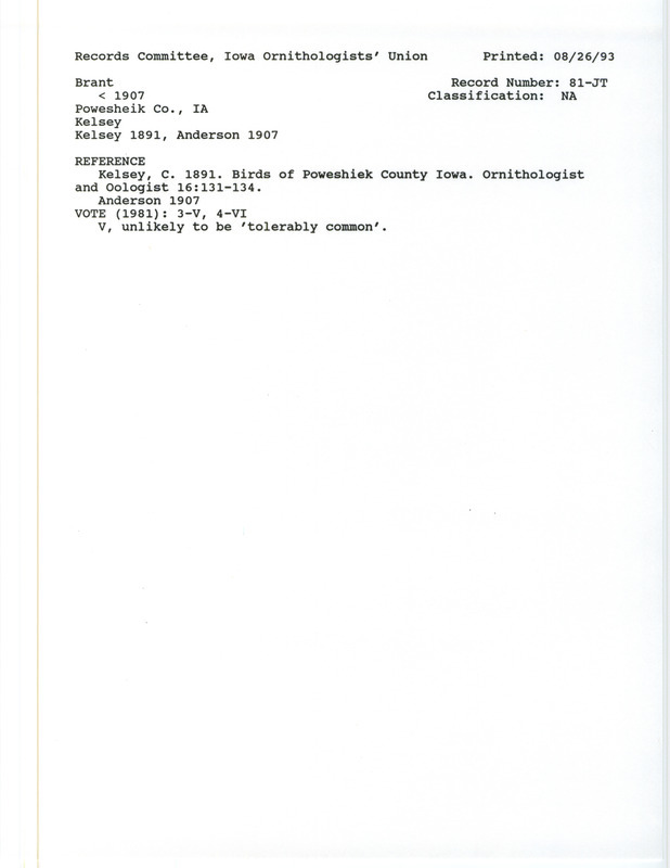Records Committee review for a number of Brants at Poweshiek County, IA before 1907. Includes a record review document with votes, the original sighting record found in the publication Birds of Poweshiek County Iowa in Ornithologist and Oologist 16:131-134 by C. Kelsey, and referenced by two other publications.