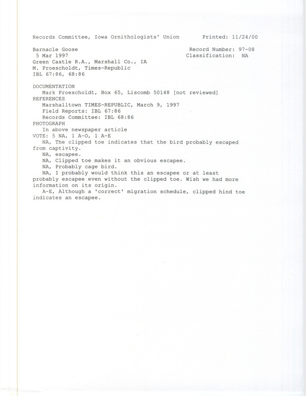 Records Committee review for a Barnacle Goose at Green Castle Recreation Area in Marshall County, IA on March 6, 1997. Includes a record review document with votes, an article in the Marshalltown Times-Republican, and a documentation form submitted to the committee.