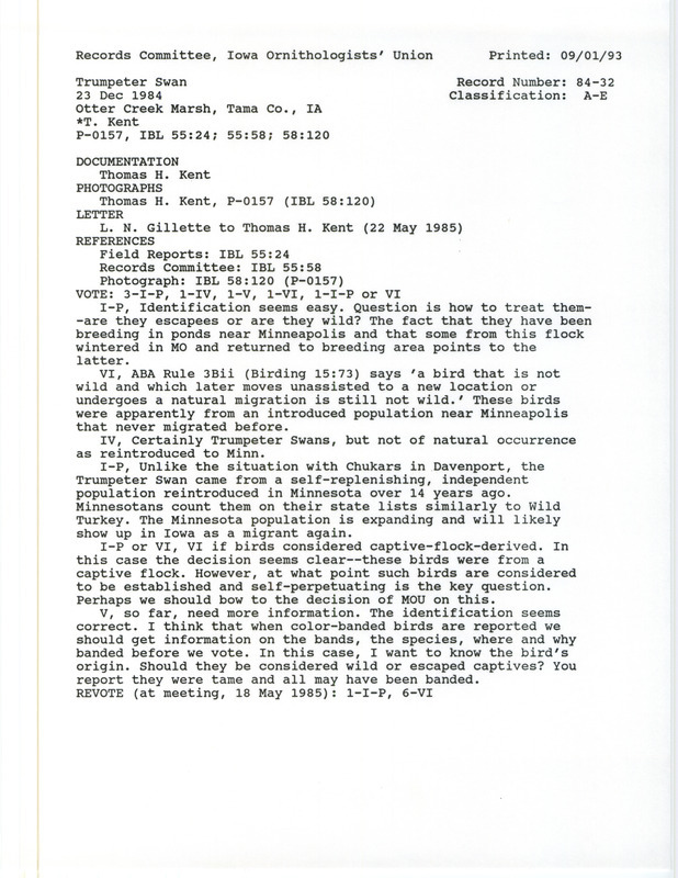 Records Committee review of three Trumpeter Swans at Otter Creek March in Tama County on December 23, 1984. Includes a record review document with votes, correspondence over the sighting, photos from Iowa Bird Life, and a documentation form submitted to the committee.