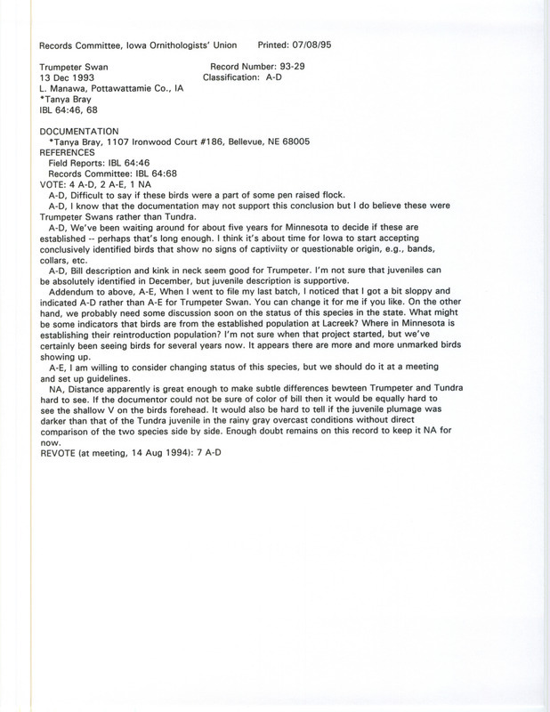 Records Committee review for a Trumpeter Swan at Lake Manawa in Pottawattamie County, IA on December 13, 1993. Includes a record review document with votes and a documentation form submitted to the committee.