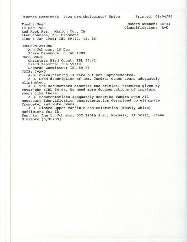 Records Committee review of a Tundra Swan at Red Rock Reservoir in Marion County, IA on December 18, 1988. Includes a record review document with votes and two documentation forms submitted to the committee.