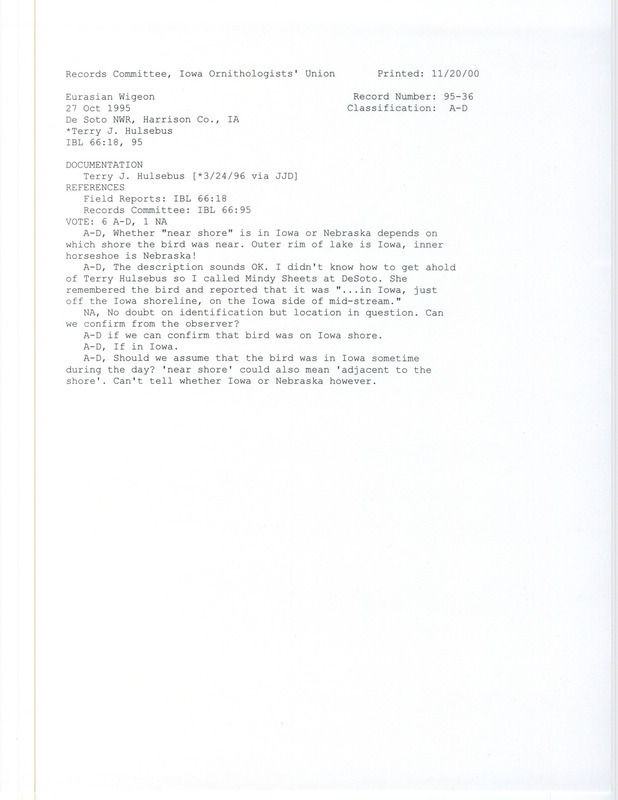 Records Committee review of a Eurasian Wigeon at De Soto National Wildlife Refuge in Harrison County, IA on October 27, 1995. Includes one record review document with votes and a documentation forms.