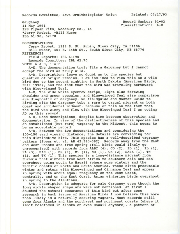 Records Committee review of a Garganey at IPS Fly Ash Pits, Woodbury County, IA on May 11, 1991. Includes a record review document with votes and two documentation forms submitted to the committee.