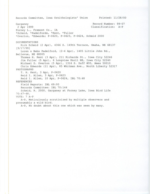 Records Committee review of a Garganey at Forney Lake in Fremont County, IA on April 2, 1999. Includes a record review document with votes, photos, and six documentation forms submitted to the committee.