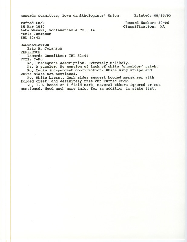 Records Committee review of a Tufted Duck at Lake Manawa in Pottawattamie County, IA on March 15, 1980. Includes a record review document with votes, internal correspondence about the sighting, and a documentation forms submitted to the committee.