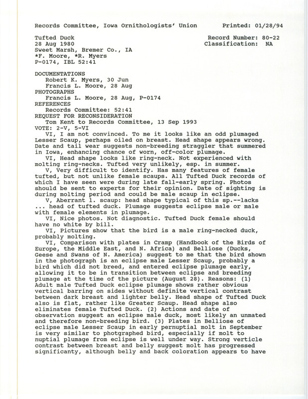 Records Committee review of a Tufted Duck at Sweet March in Bremer County, IA on June 30, 1980. Includes a record review document with votes, two photos, correspondence about the sighting, and two documentation forms submitted to the committee.