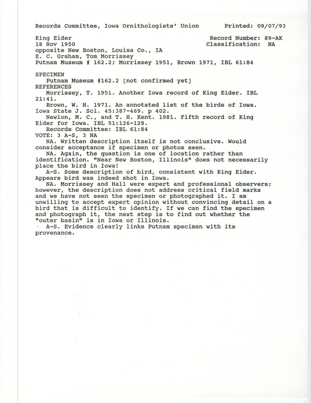 Records Committee review for King Eider near New Boston in Louisa County, IA on November 18, 1950. Includes a record review document with votes, the original sighting record found in the publication Another Iowa record of the King Eider in Iowa Bird Life 21:41 by Thomas Morrissey and referenced by another publication.