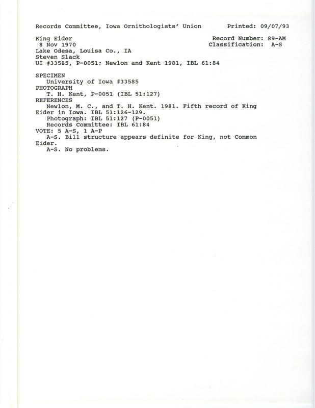 Records Committee review for a King Eider at Lake Odessa in Louisa County, IA on November 8, 1970. Includes a record review document with votes and the original sighting record found in the publication Fifth record of King Eider in Iowa in Iowa Bird Life 51:126-129 by Mike Newlon and Thomas Kent seen by Steven Slack.