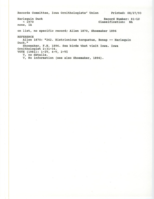 Records Committee review for Harlequin Ducks in Iowa before 1870 during the winters. Includes a record review document with votes, the original sighting record found in the publication A Catalogue of the Birds of Iowa by J.A. Allen, and referenced by another publication.