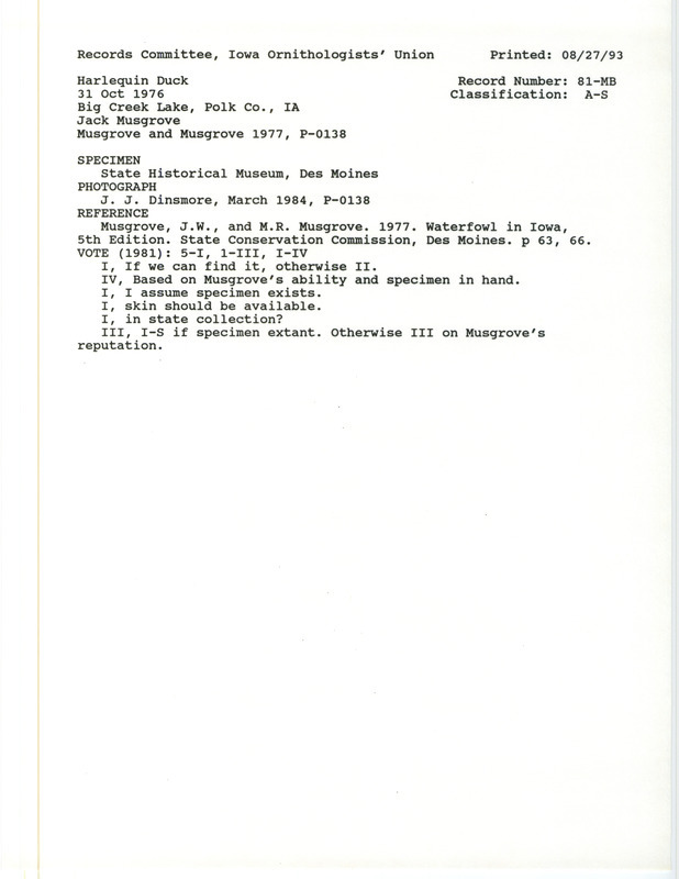 Records Committee review for a Harlequin Duck at Big Creek Lake in Polk County, IA on October 31, 1976. Includes a record review document with votes, letter from Jim Dinsmore to Tom Kent about Harlequin Duck specimens, and the original sighting record found in the publication Sea Birds that Visit Iowa in Iowa Ornithology 2:31-34 by F.H. Shoemaker.