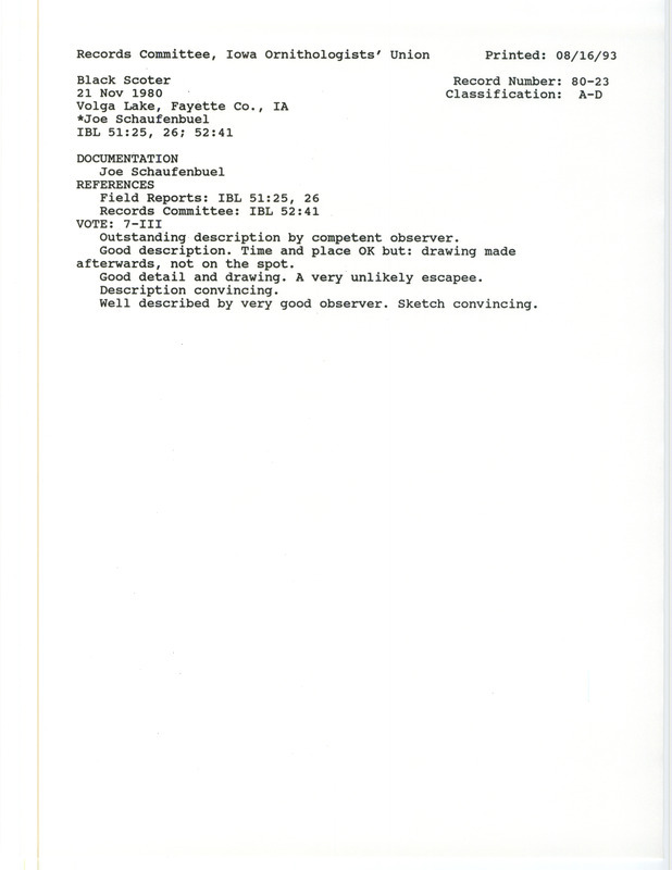 Records Committee review for a Black Scoter at Volga Lake in Fayette County, IA on November 21, 1980. Includes a record review document with votes, a letter from Tom Kent to Joe Schaufenbuel, and a documentation form submitted to the committee.