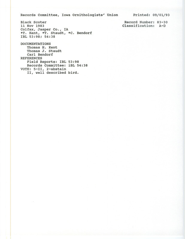 Records Committee review of a Black Scoter at Colfax in Jasper County, IA on November 11, 1983. Includes a record review document with votes and three documentation forms submitted to the committee.