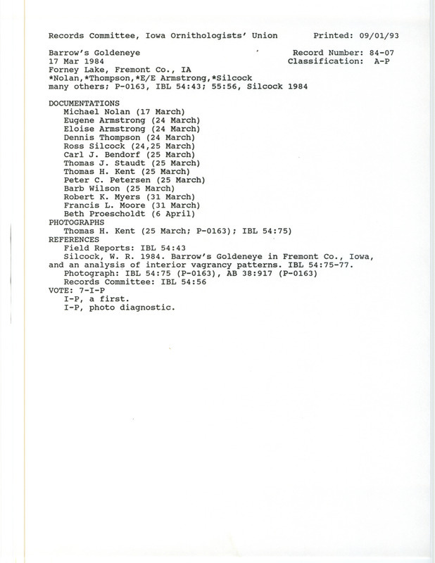 Records Committee review for a Barrow's Goldeneye at Forney Lake in Fremont County, IA on March 17, 1984. Includes a record review document with votes, two articles in Iowa Bird Life, a summary of the review, and thirteen documentation forms submitted to the committee.