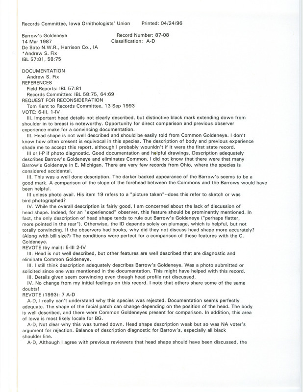 Records Committee review for a Barrow's Goldeneye at De Soto National Wildlife Refuge in Harrison County, IA on March 14, 1987. Includes a record review document with votes, a request for reconsideration of the review, and a documentation form submitted to the committee.