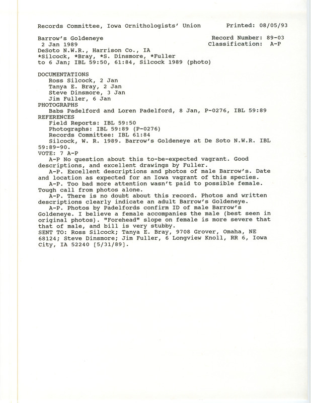 Records Committee review for a Barrow's Goldeneye at DeSoto National Wildlife Refuge in Harrison County, IA on January 2, 1989. Includes a record review document with votes, photographs of the bird, an article in Iowa Bird Life, and four documentation forms submitted to the committee.