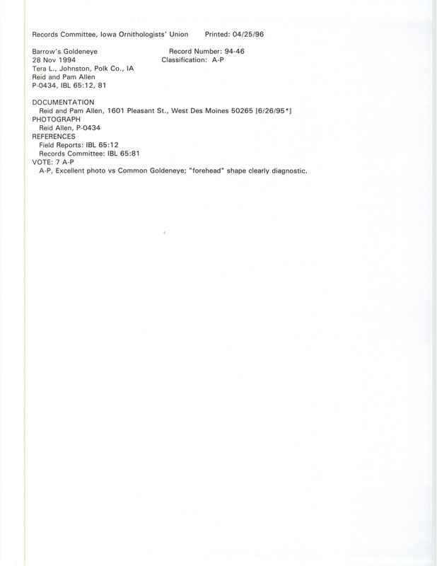 Records Committee review for a Barrow's Goldeneye at Terra Lake in Polk County, IA on November 28, 1994. Includes a record review document with votes, a photograph, and a documentation form submitted to the committee.