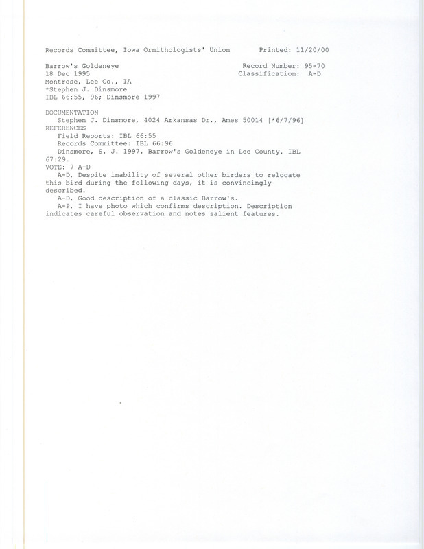 Records Committee review for a Barrow's Goldeneye near Montrose in Lee County, IA on December 18, 1995. Includes a record review document with votes, an article in Iowa Bird Life, and a documentation form (two copies) submitted to the committee.