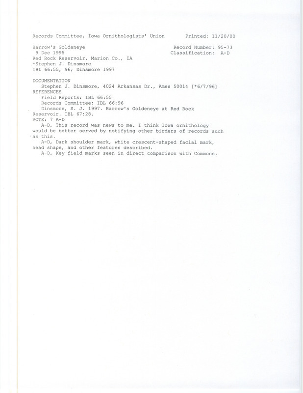 Records Committee review for a Barrow's Goldeneye at Red Rock Reservoir in Marion County, IA on December 9, 1995. Includes a record review document with votes, an article in Iowa Bird Life, and a documentation form submitted to the committee.