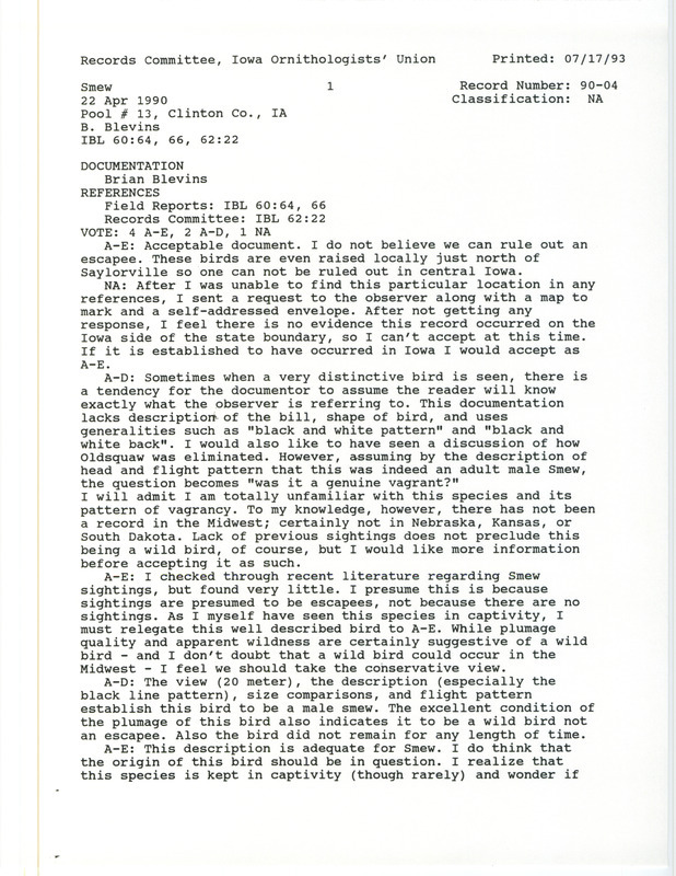 Records Committee review for a Smew at Pool #13 in Clinton County, IA and Carroll County, IL on April 22, 1990. Includes a record review document with votes and a documentation form submitted to the committee.