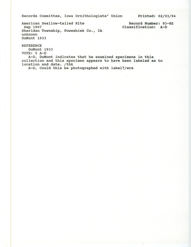 Records Committee review for an American Swallow-tailed Kite at Sheridan Township at Poweshiek County, IA on September 1907. Includes a record review document with votes and the original sighting record found in the publication Revised List of Birds of Iowa by Philip A. DuMont.