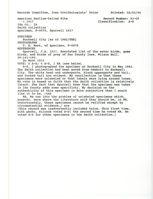 Records Committee review for an American Swallow-tailed Kite at Ida County, IA before 1917. Includes a record review document with votes, a photograph of the specimen, the original sighting record found in the publication Annotated list of the water birds, game birds and birds of prey of Sac County Iowa in Wilson 29:141-160 by J.A. Spurrell, and referenced by another publication.