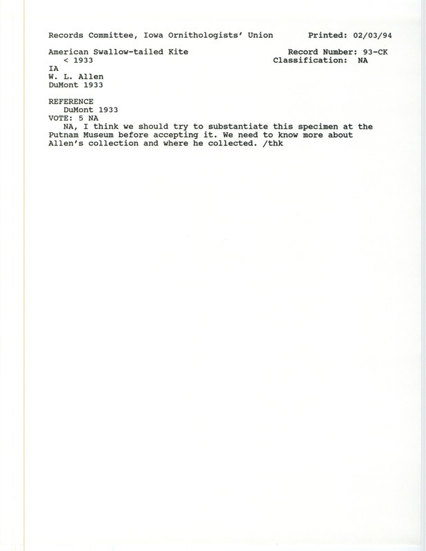 Records Committee review for an American Swallow-tailed Kites in Scott County, IA before 1933. Includes a record review document with votes and the original sighting record found in the publication Revised List of Birds of Iowa by Philip A. DuMont seen by W.L. Allen.