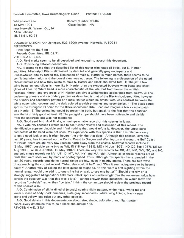 Records Committee review for a White-tailed Kite at Norwalk in Warren County, IA on May 13, 1991. Includes a record review document with votes and a documentation form submitted to the committee. The original documentation reports the bird as a Black-shouldered Kite.