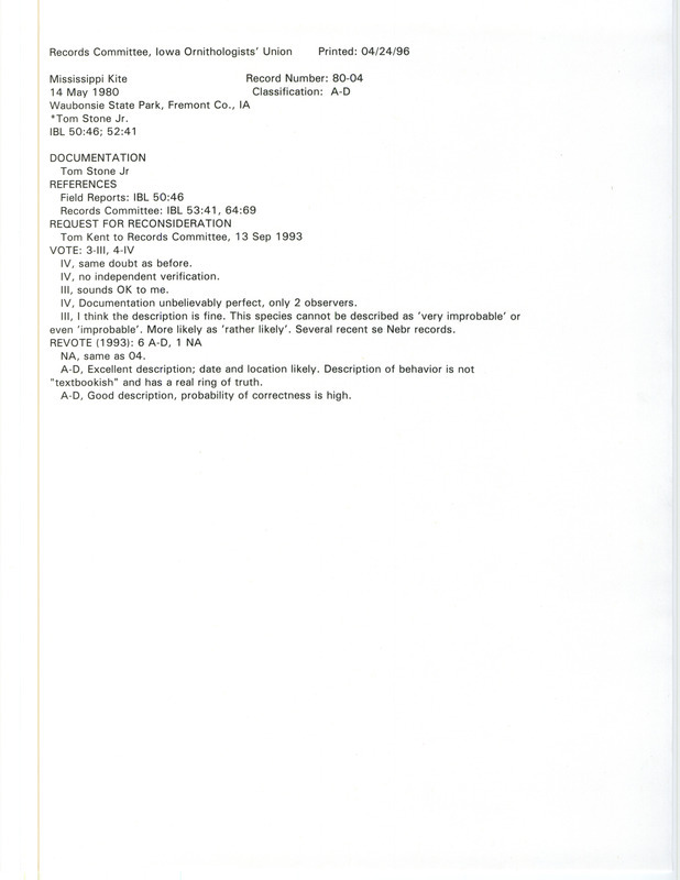 Records Committee review for two Mississippi Kites at Waubonsie State Park on May 14, 1980. Includes one record review document with votes, a request for reconsideration of the review, and a documentation form submitted to the committee.