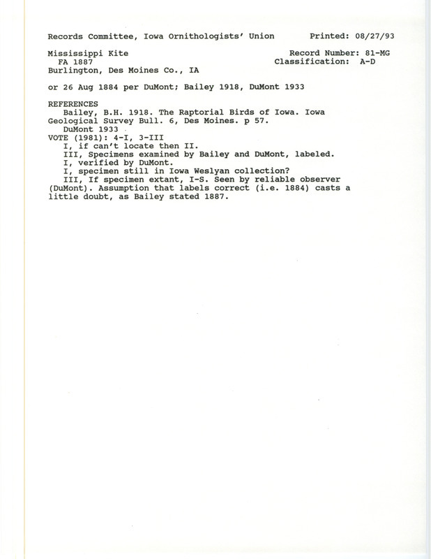 Records Committee review for two Mississippi Kites at Burlington in Des Moines County, IA during the Fall 1887. Includes a record review document with votes, the original sighting record found in the publication The Raptorial Birds of Iowa in Iowa Geological Survey Bulletin by B.H. Bailey seen by Charles Buettner, and referenced by another publication.