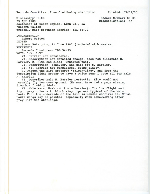 Records Committee review of a Mississippi Kite at Cedar Rapids in Linn County, IA on April 23, 1983. Includes a record review document with votes, summary of review, correspondence about bird sightings, and a documentation form submitted to the committee.