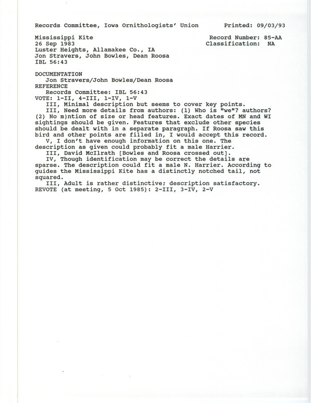 Records Committee review of a Mississippi Kite near Luster Heights in Allamakee County, IA on September 26, 1983. Includes a record review document with votes, a summary of the review, and a documentation forms submitted to the committee.