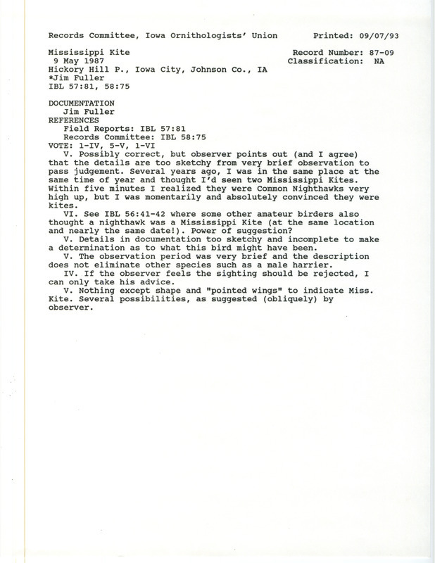 Records Committee review of a Mississippi Kite at Hickory Hill Park in Johnson County, IA on May 9, 1987. Includes a record review document with votes, a summary of the review, and a documentation form submitted to the committee.