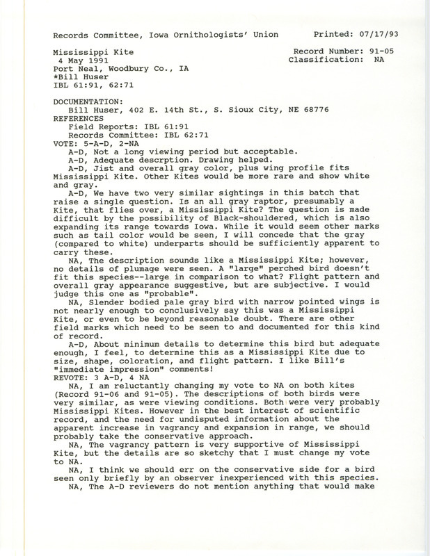 Records Committee review of a Mississippi Kite at Port Neal in Woodbury County, IA on May 4, 1991. Includes a record review document with votes and a documentation form submitted to the committee.