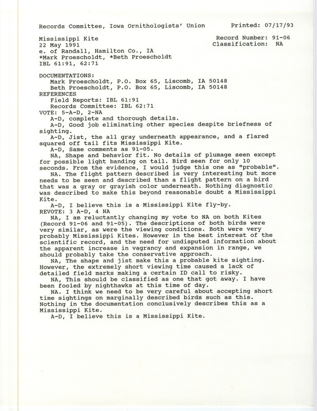 Records Committee review of a Mississippi Kite at east of Randall in Hamilton County, IA on May 22, 1991. Includes a record review document with votes and three documentation forms submitted to the committee.