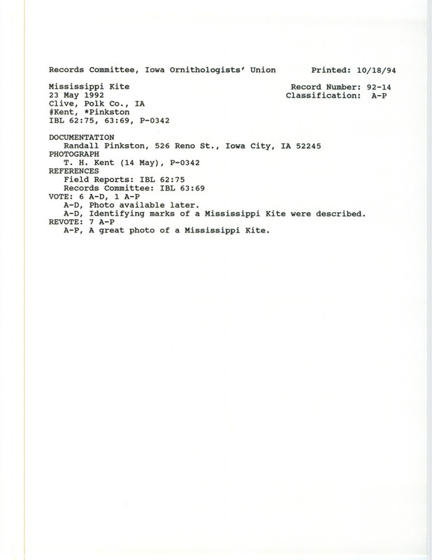 Records Committee review of a Mississippi Kite at Clive in Polk County, IA on May 23, 1992. Includes a record review document with votes, a photo and a documentation form submitted to the committee.