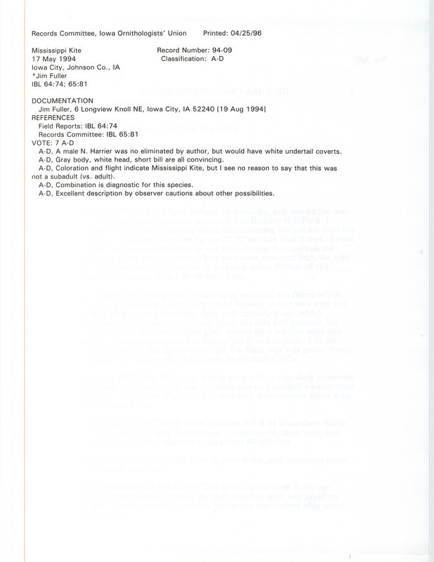 Records Committee review of a Mississippi Kite at Hickory Hill Park in Iowa City, Iowa on May 17, 1994. Includes a record review document with votes and a documentation form submitted to the committee.