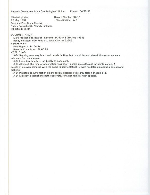 Records Committee review of a Mississippi Kite at Peterson Pits in Story County, IA on May 22, 1994. Includes a record review document with votes and two documentation forms submitted to the committee.