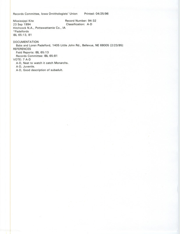 Records Committee review of a Mississippi Kite at Hitchcock Nature Area in Pottawattamie County, IA on September 23, 1994. Includes a record review document with votes and a documentation form submitted to the committee.