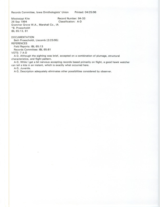 Records Committee review of a Mississippi Kite at Grammer Grove Wildlife Area in Marshall County, IA on September 26, 1994. Includes a record review document with votes and a documentation form submitted to the committee.